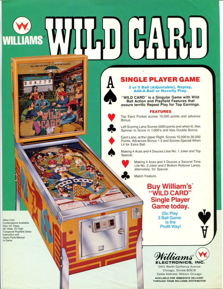Wild Card Williams Pinball Flyer / Brochure / Ad /