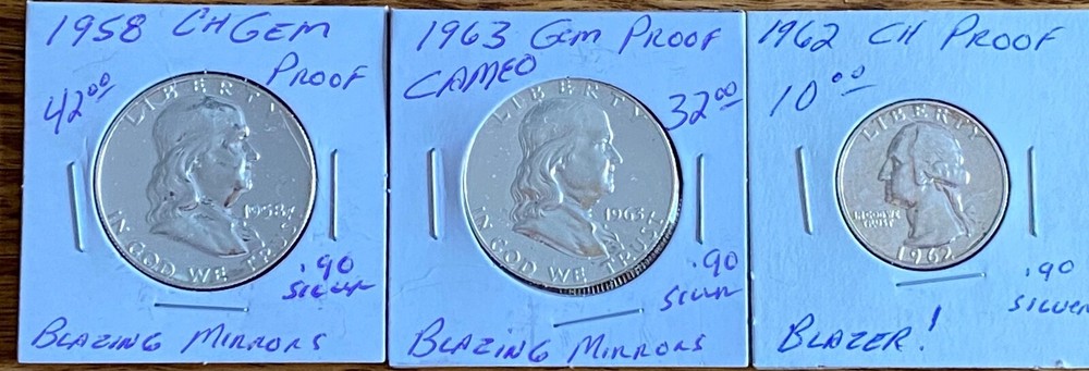 3 Silver Proof Coins-Franklin half dollars-quarter-