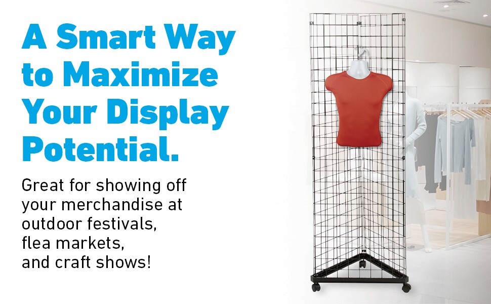 Wire Grid Triangle Tower Display Rack Casters Rolling Casters Black 2' x 6 ½' H