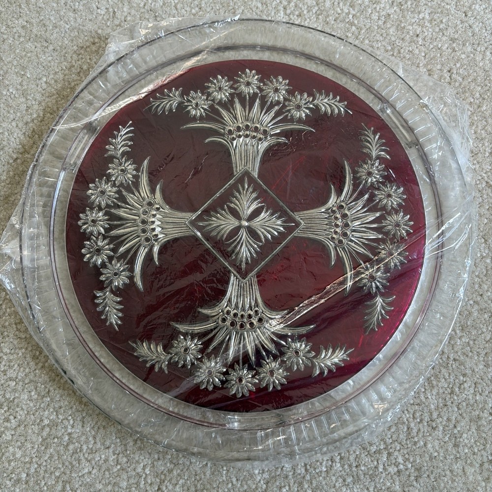 Vintage Mercury Silver Ruby Red Platter Stand Goofus Glass Beautiful