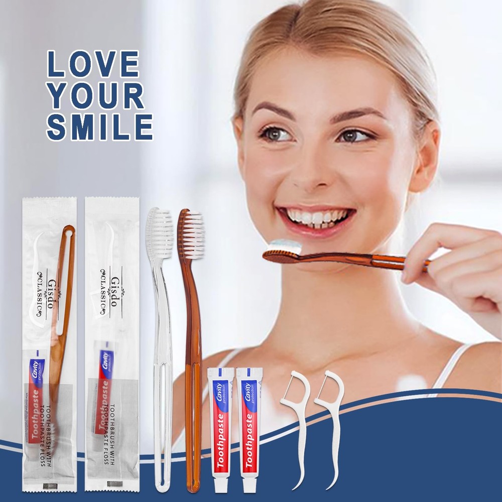100 pcs Disposable Toothbrushes with Toothpaste Floss Individually Wrapped, 2...