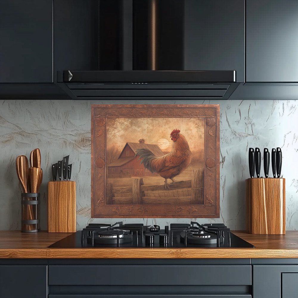Copper Embossed Look Mediterranean Rooster Glass Backsplash • Rustic Kitchen