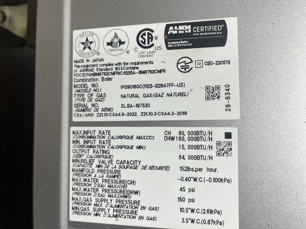 Rinnai IP090160C Combi Boiler I-Series 90k BTU Nat Gas/Propane (B-26 #1677)