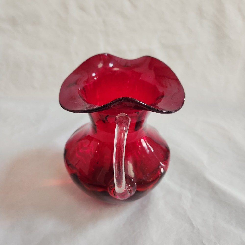 Vintage Ruby Red Small Pitcher Ruffle Top Art Glass Applied Clear Handle AS IS