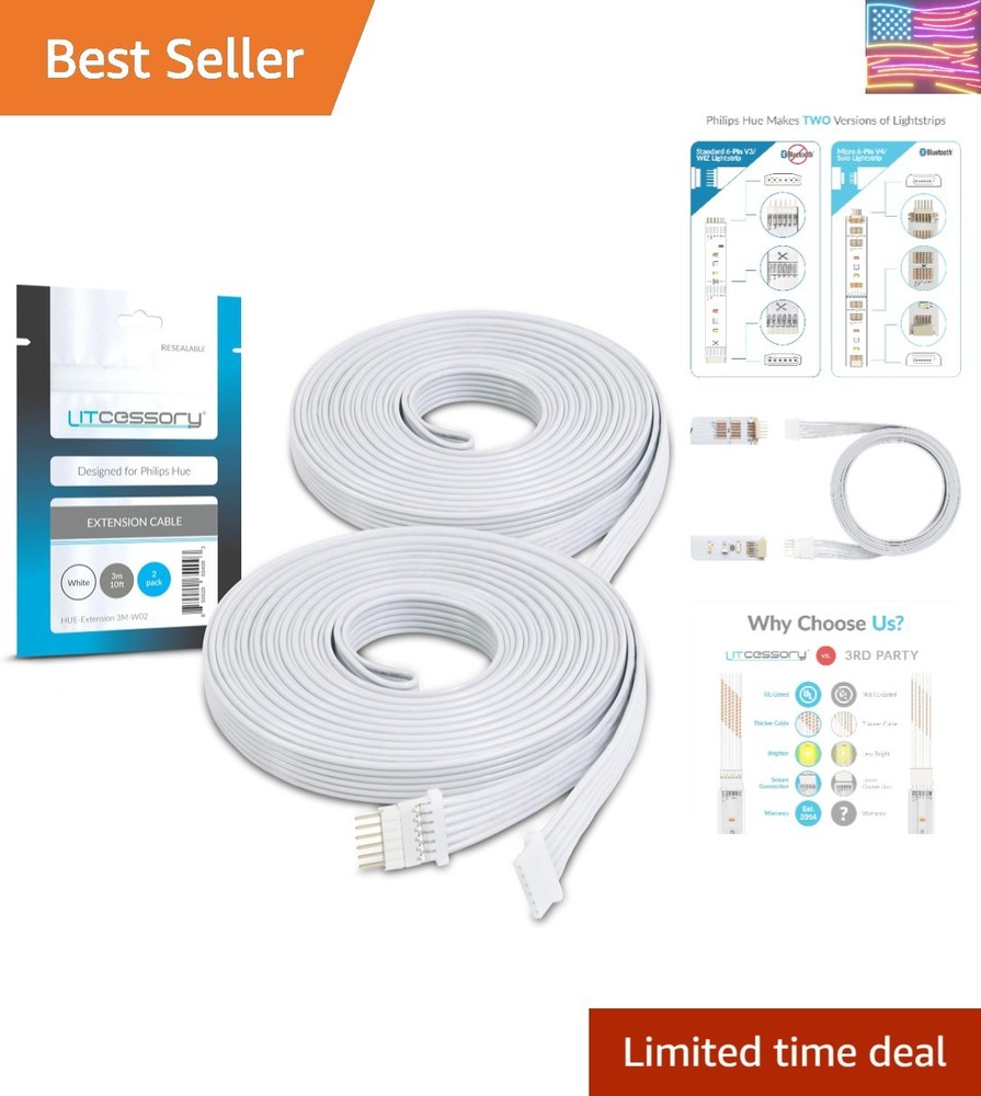 Extension Cable for Philips Hue/Solo Lightstrip 10ft, 2 Pack, White - Micro 6...