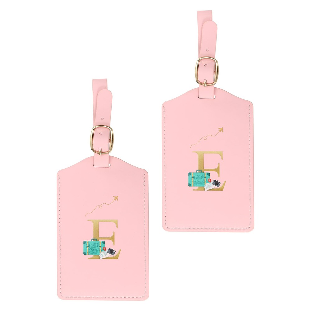 2 Pack Initial Luggage Tags, Letter PU Leather Suitcases Tags, Pink (E)