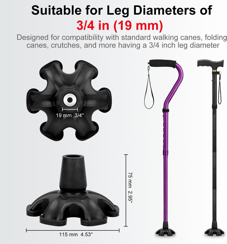 Cane Tip - Self Standing 6 Prong Support Rubber Base for Walking Stick & Cane -