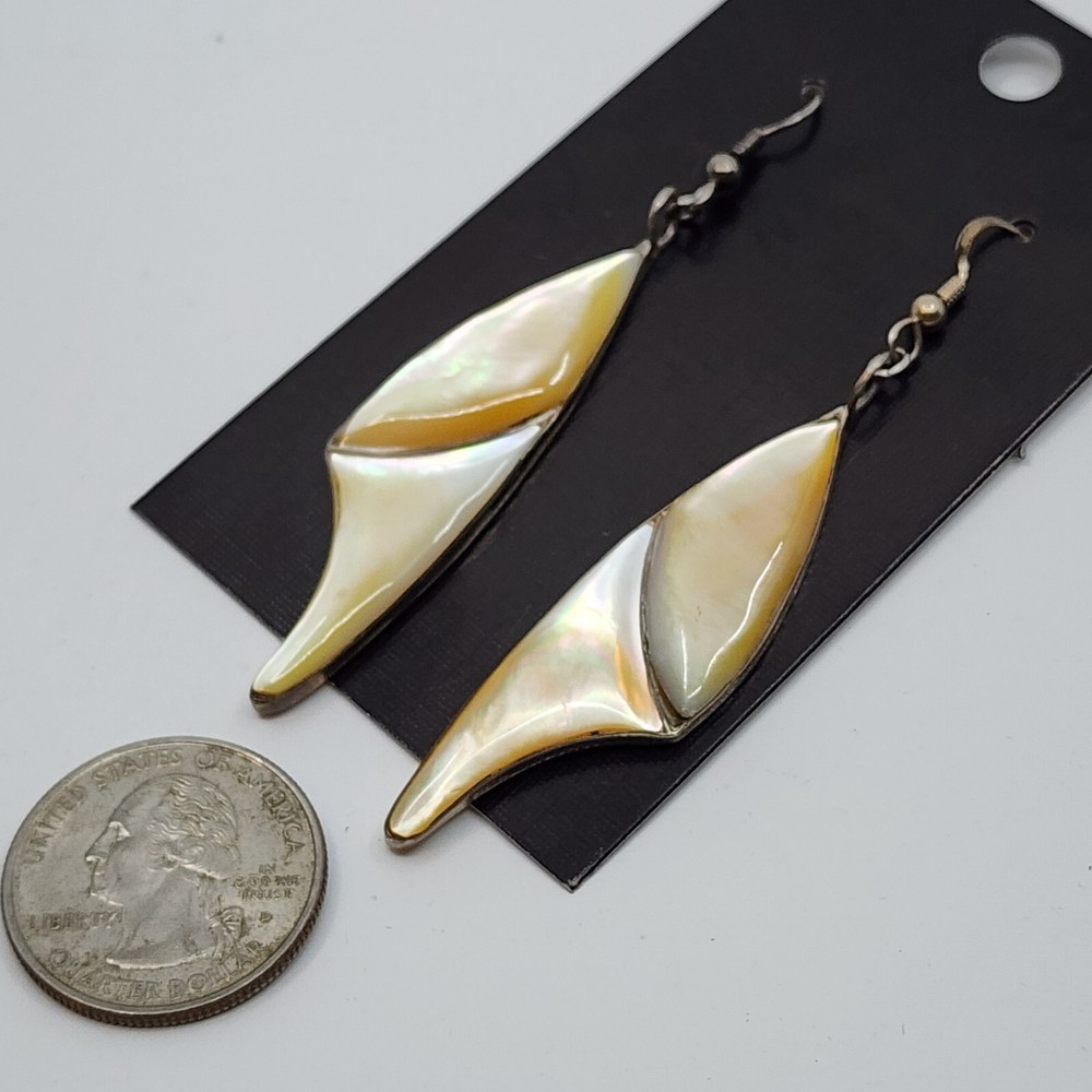 Large Native American Sterling Silver & Shell Inlay Dangle Earrings