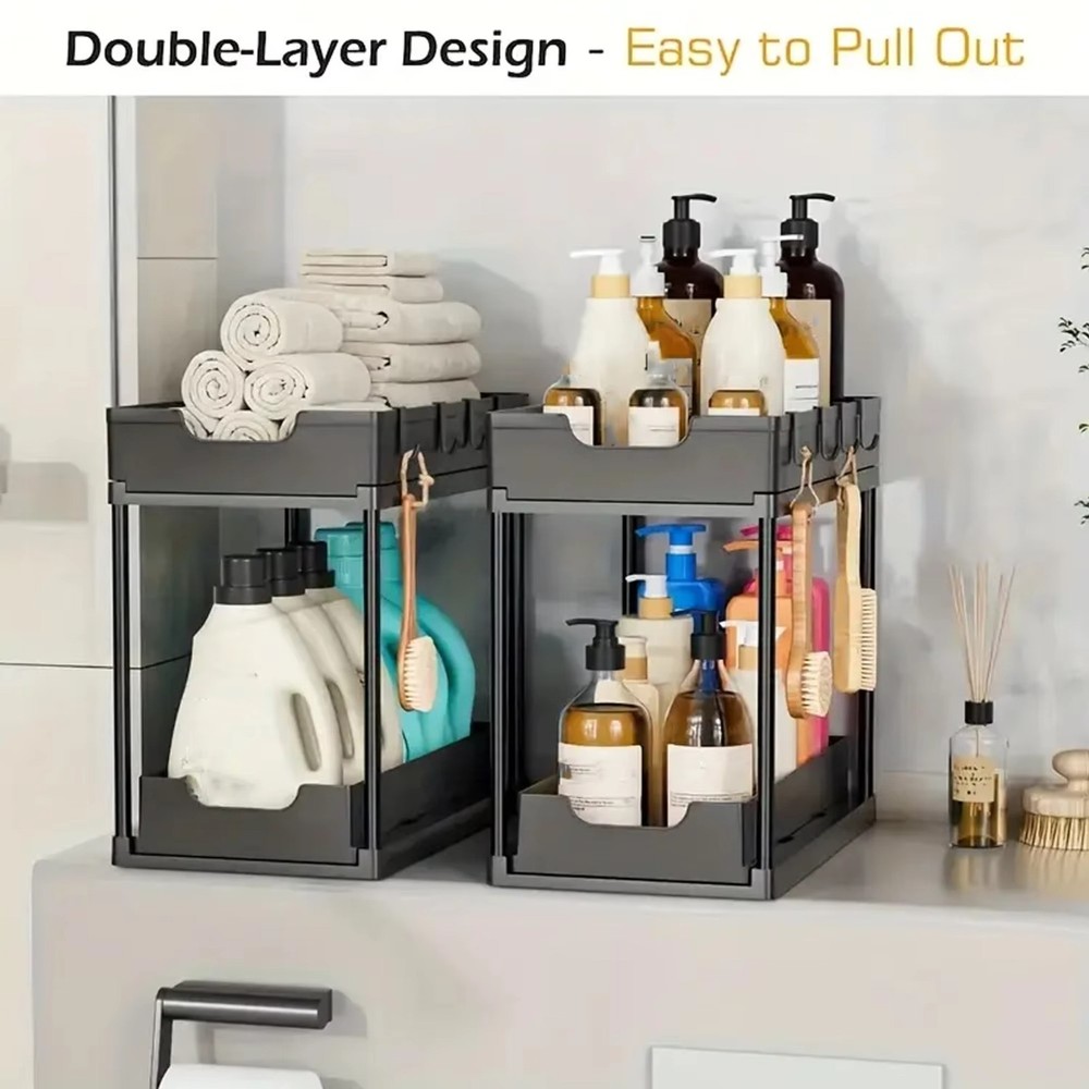 Double Layer Pull Out Kitchen Storage Rack Under Sink Organizer with Hooks