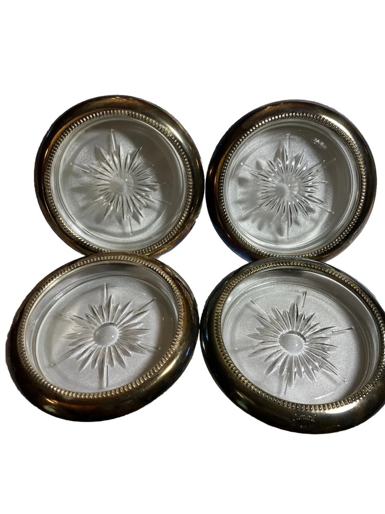 4 Silver Plate Wine Bottle Champagne Coasters with Glass Insert Marked Leonard