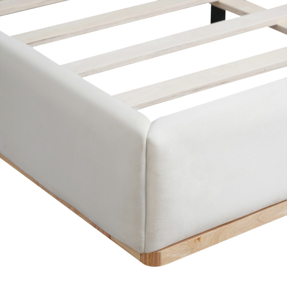 White Velvet King Bed Frame with Solid Wood Headboard & Footboard, Free Ship