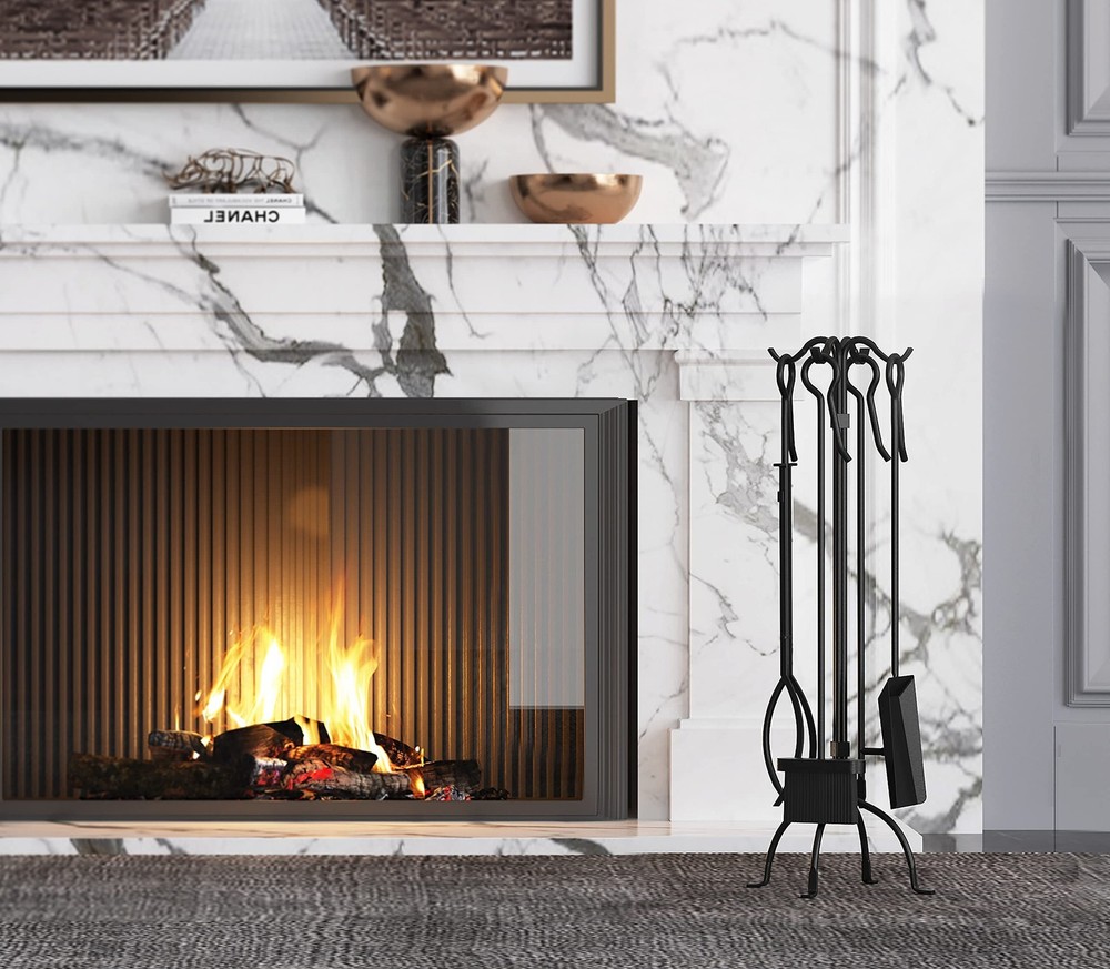 5-Piece Fireplace Tools Set Heavy Duty Wrought Iron Fire Place Toolset Black