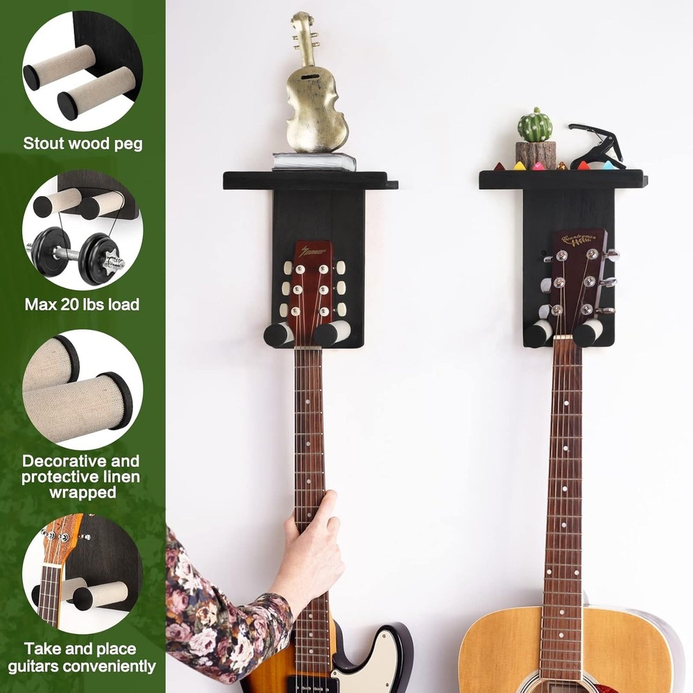 Rustic Wood Guitar Wall Mount 3-Pack - Matte Black
