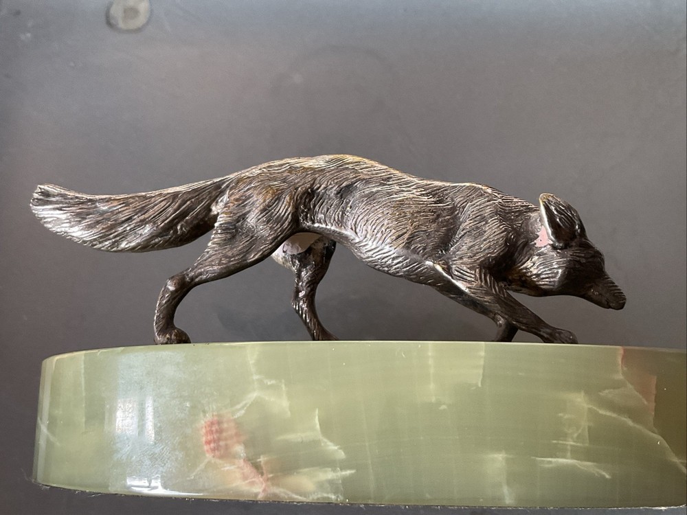 VINTAGE SILVER PLATED FOX FIGURE ON BASE.