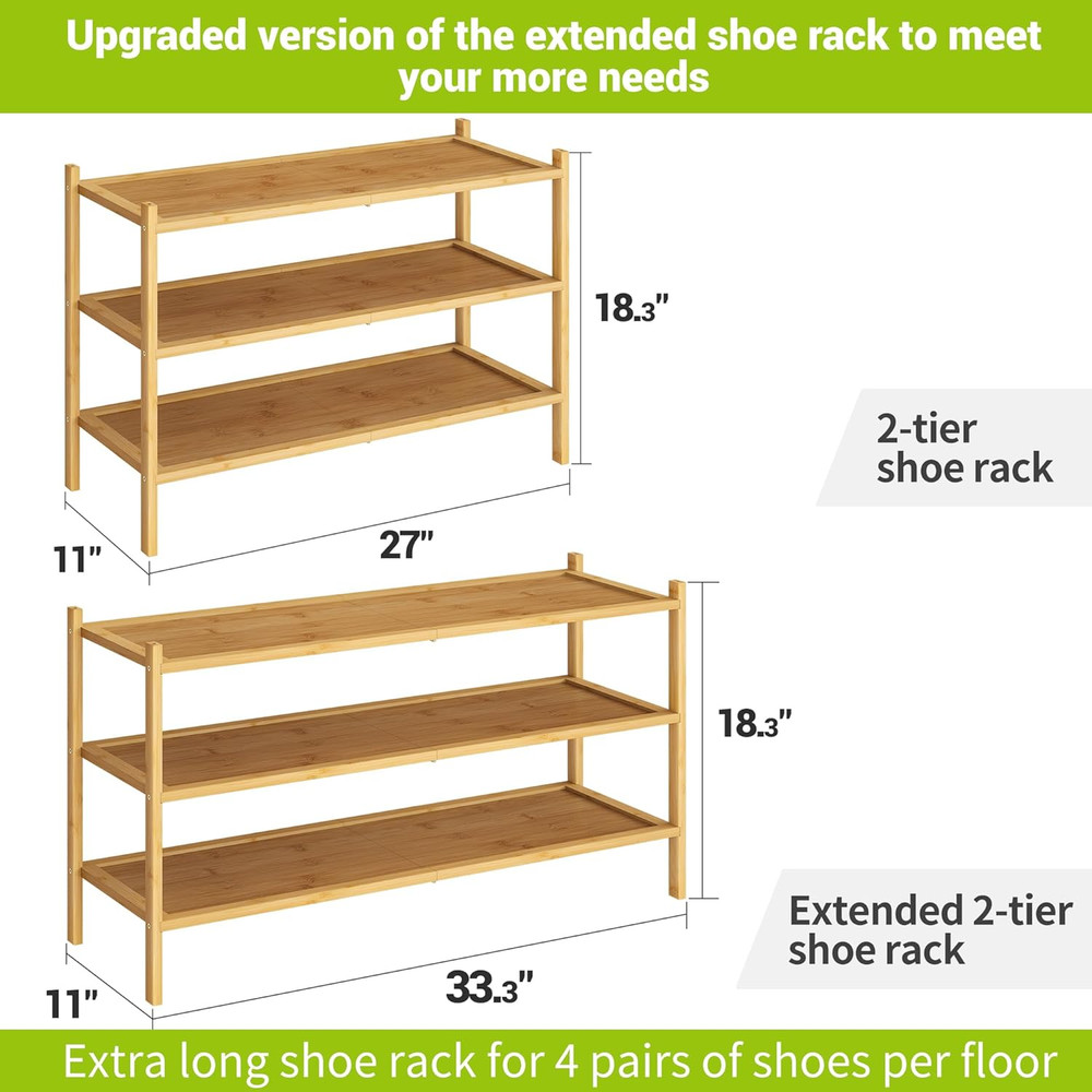 3-Tier Bamboo Extended Shoe Rack Premium Stackable Shoe Shelf Storage Organizer
