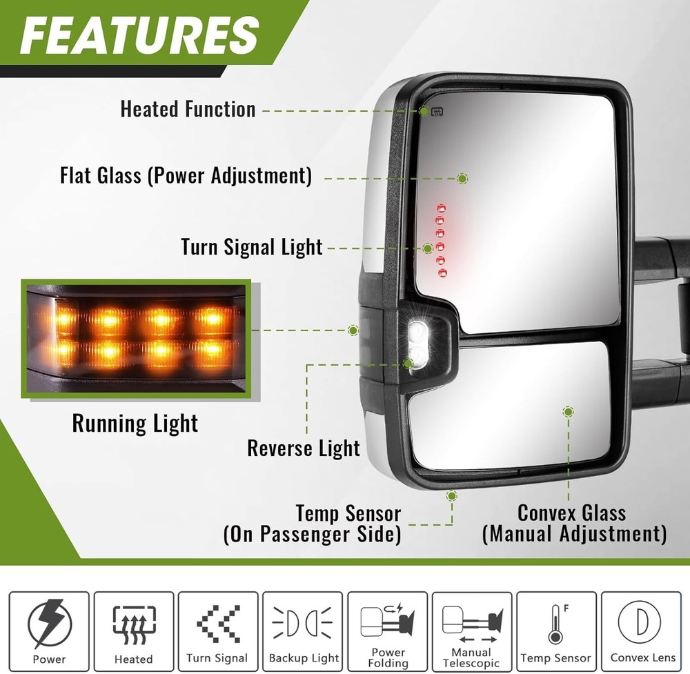 Power Folding Tow Mirrors Chrome for Silverado