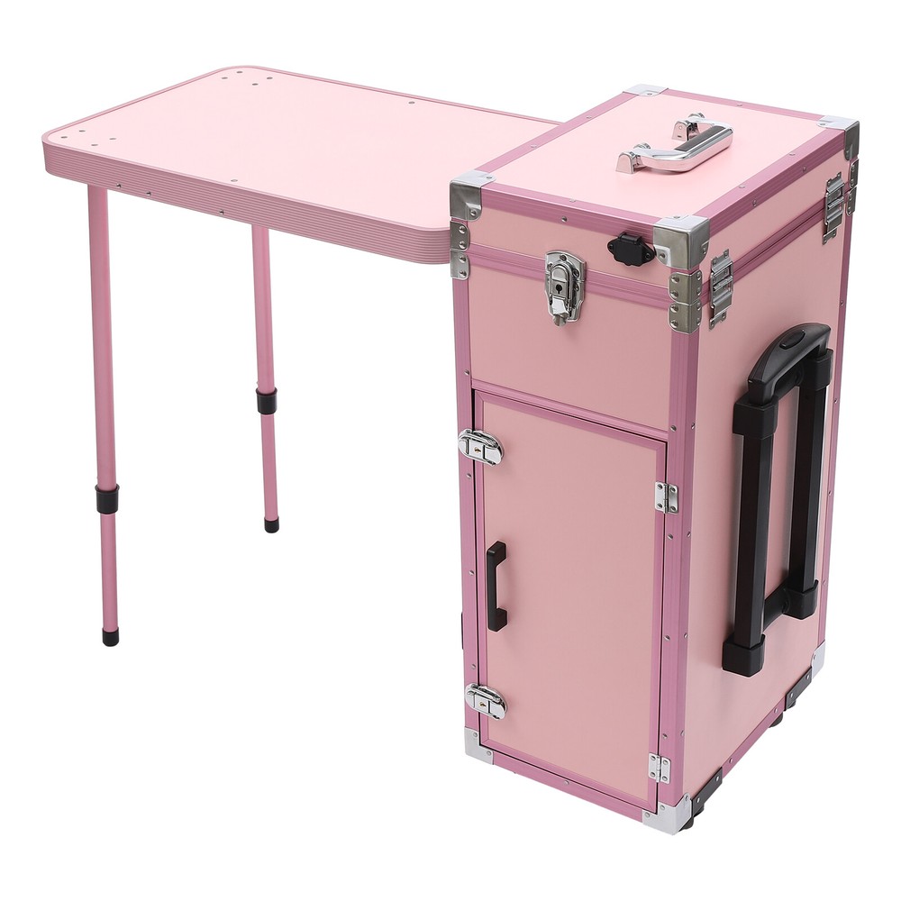 Nail Desk Mobile Station Rolling Makeup Train Case Manicure Table Pink Modern