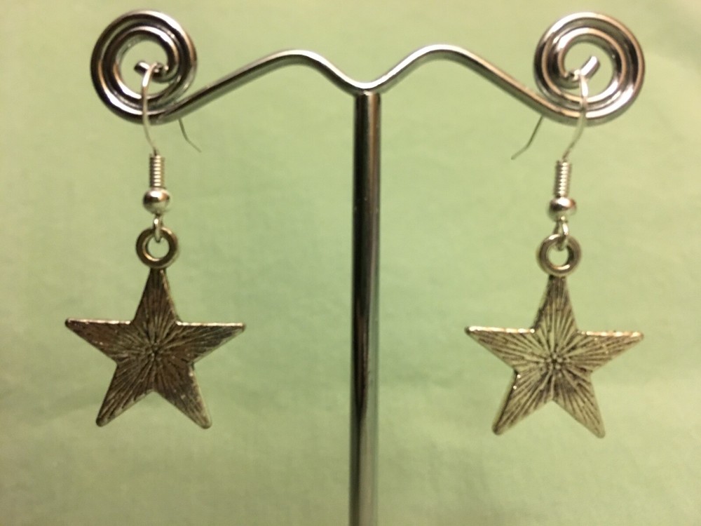 SOLID STAR with RAYS EARRINGS - Pewter with Sterling Silver Ear Wires