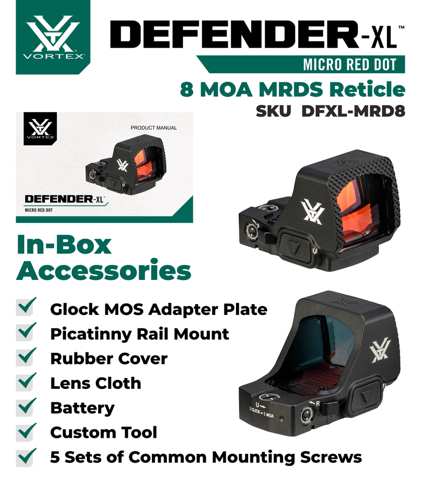 Vortex Optics Defender-XL Micro Waterproof 8 MOA Red Dot Sight with Free CD Hat