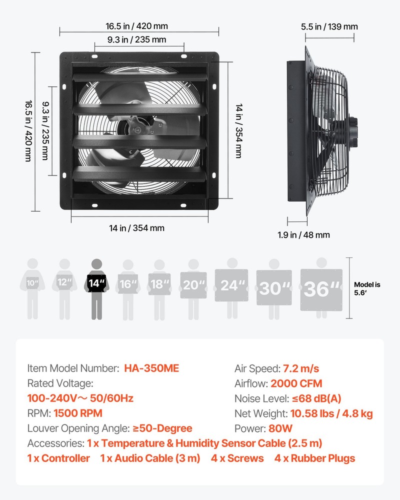 VEVOR 14 in Shutter Exhaust Fan with Smart Programming Controller Wall Mount