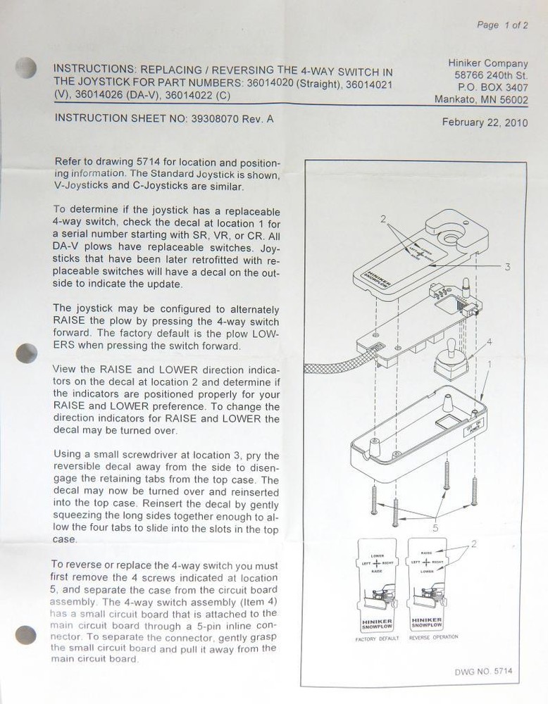 Hiniker Plow 4-Way Replacement Switch Joystick Controller 36014019