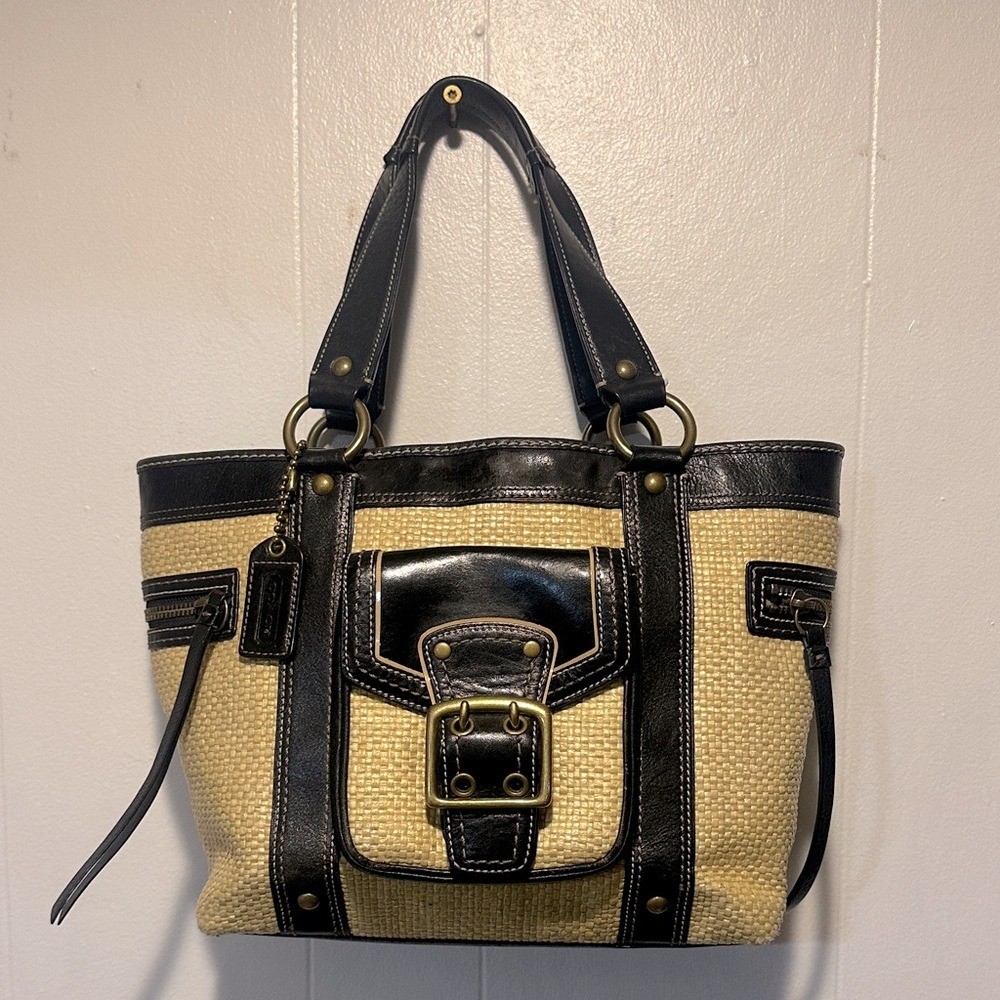 Coach woven tote with black leather