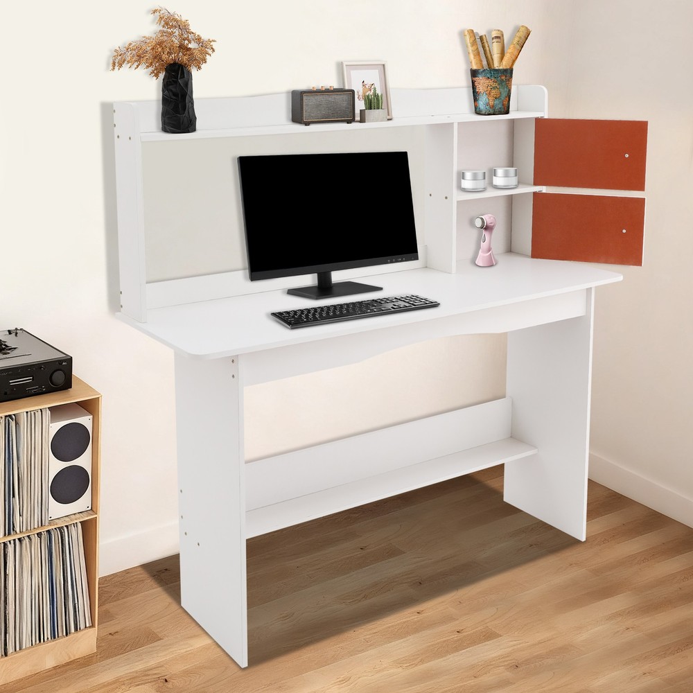 White Computer Desk with 2-tier Shelves, Writing Study Desk for Home Office