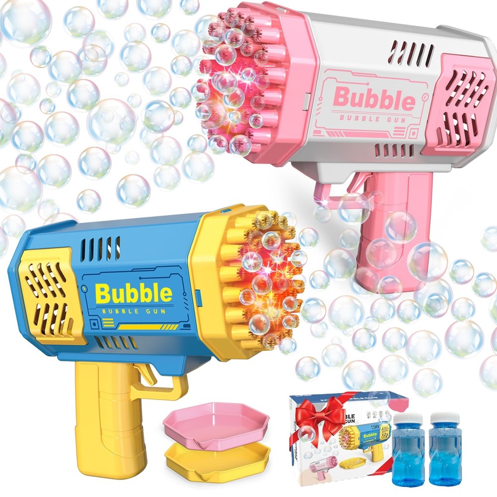 2 Bubble Gun with 2 Bottles Refill Solution for Kids, 40-Hole Light Up Bubble...