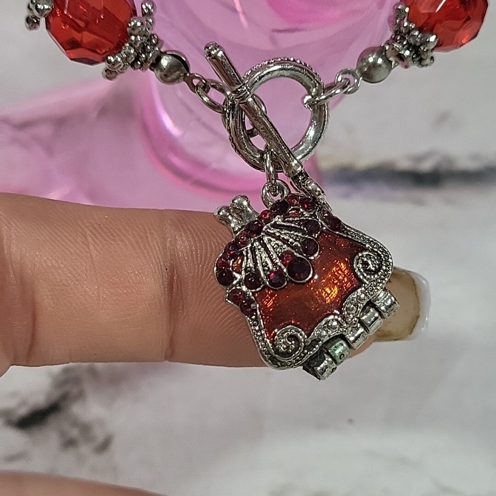 Beaded Bracelet with Locket Charm Red and Silver Tone