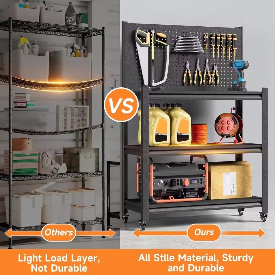 Workbench with Pegboard, Adjustable Heavy Duty Work Table with Wheels, Heavy Dut