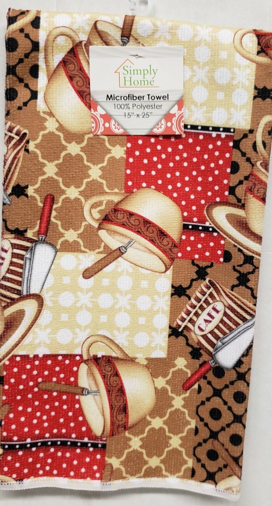 SET OF 2 SAME PRINTED MICROFIBER TOWELS (15 x 25") COFFEE CUPS STACK & SPOONS,SH