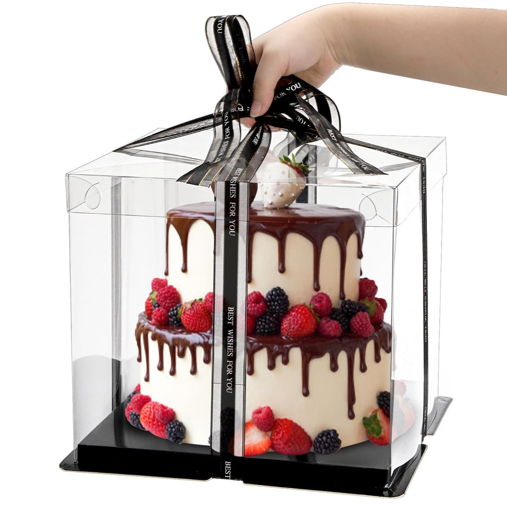 6 Pack Clear Cake Box with Ribbon 2-Layer Tall Carrier Packaging Boxes 10x10x9