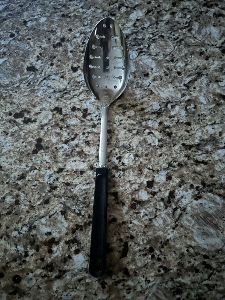Vintage Ekco Slotted Spoon Chromium Plated Black Plastic Handle  Corncob Pattern