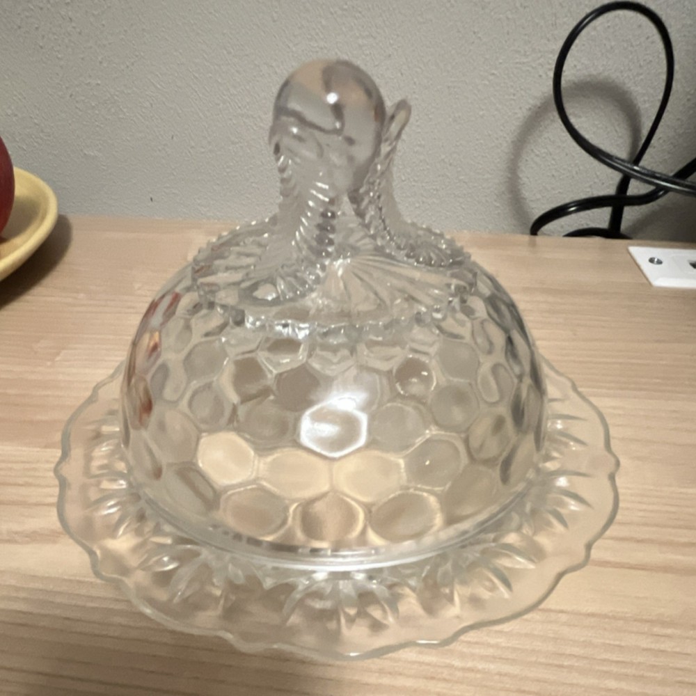 Clear Glass Covered Butter Dish with Honeycomb Geometric Pattern Lid
