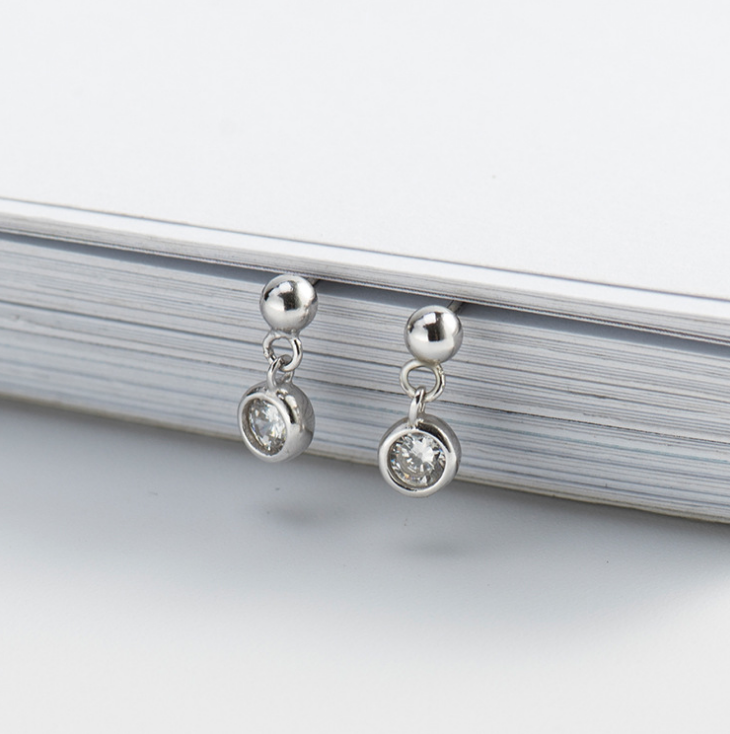 925 Sterling Silver Tiny Dangle Round CZ Ball Stud Earrings Gift Box PE41