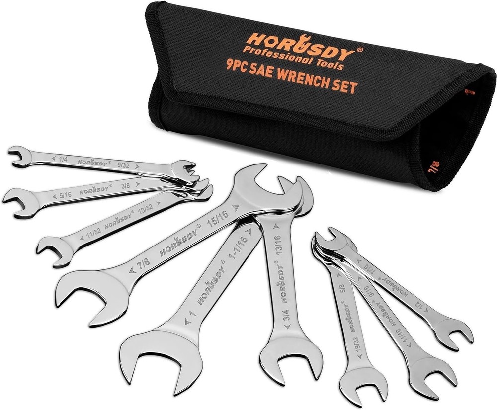 9-Piece Thin Wrenches Set | SAE | 1/4" - 1" Slim Spanner Set with Rolling Pouch