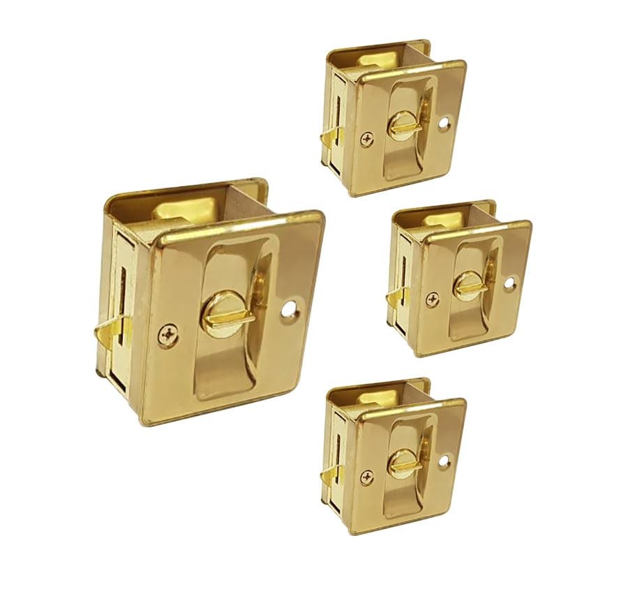 QCAA Solid Brass Sliding Door Pull Lockable Pocket Handle 4-Pack Polished Brass