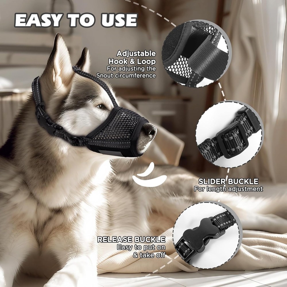 Pet Dog Breathable Nylon Muzzle Adjustable Anti-lick /Biting, Black XL