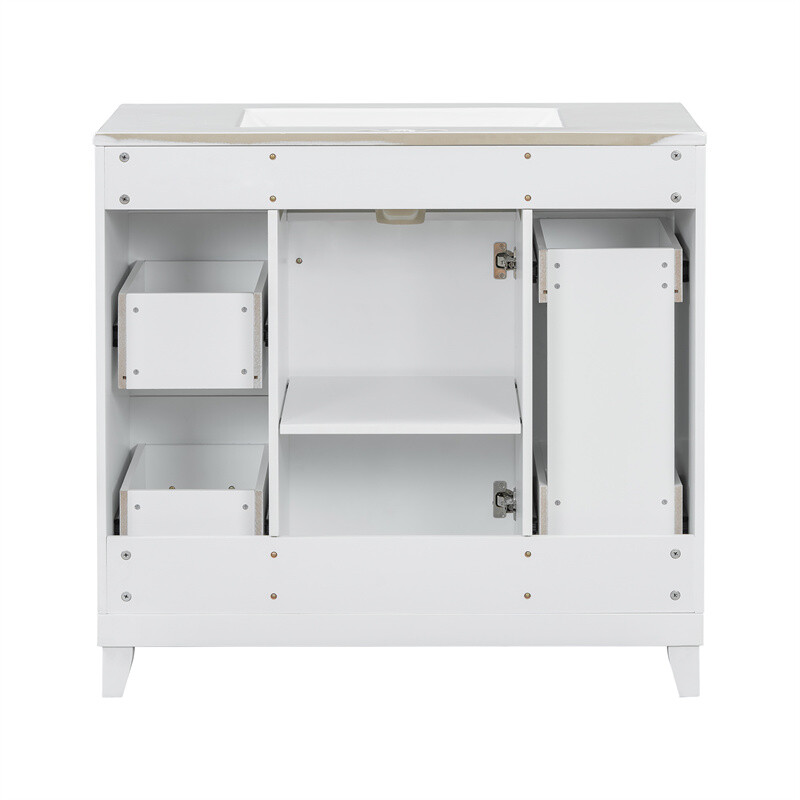 36" White Bathroom Vanity Set,Solid Wood Frame w/Ceramic Sink &Versatile Storage