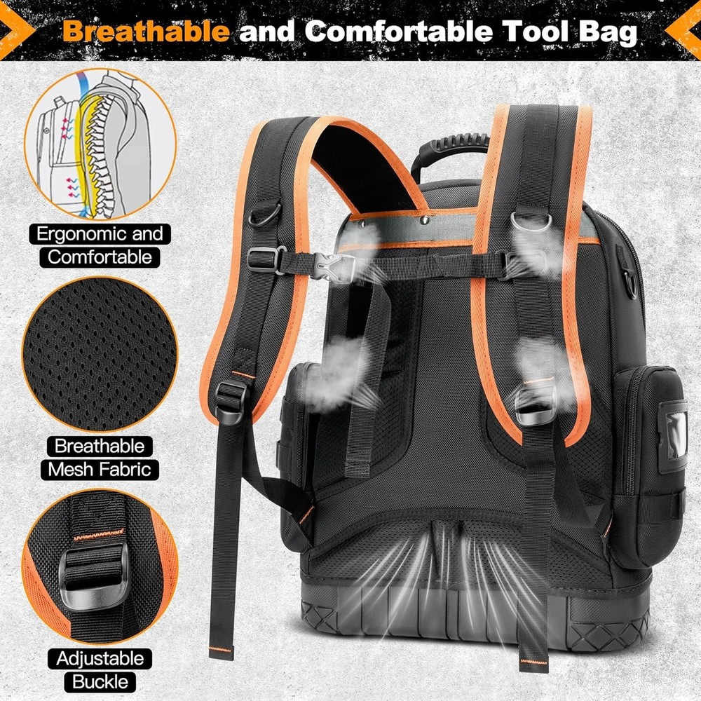 Professional Tool Backpack with 75 Pockets & Pull-Out Storage - Black & Orange