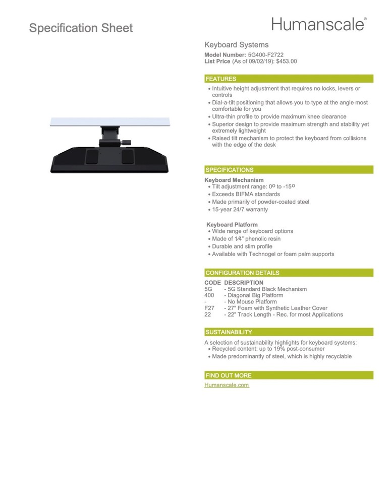 HUMANSCALE Keyboard Tray with Mouse Platform Black Originally $450