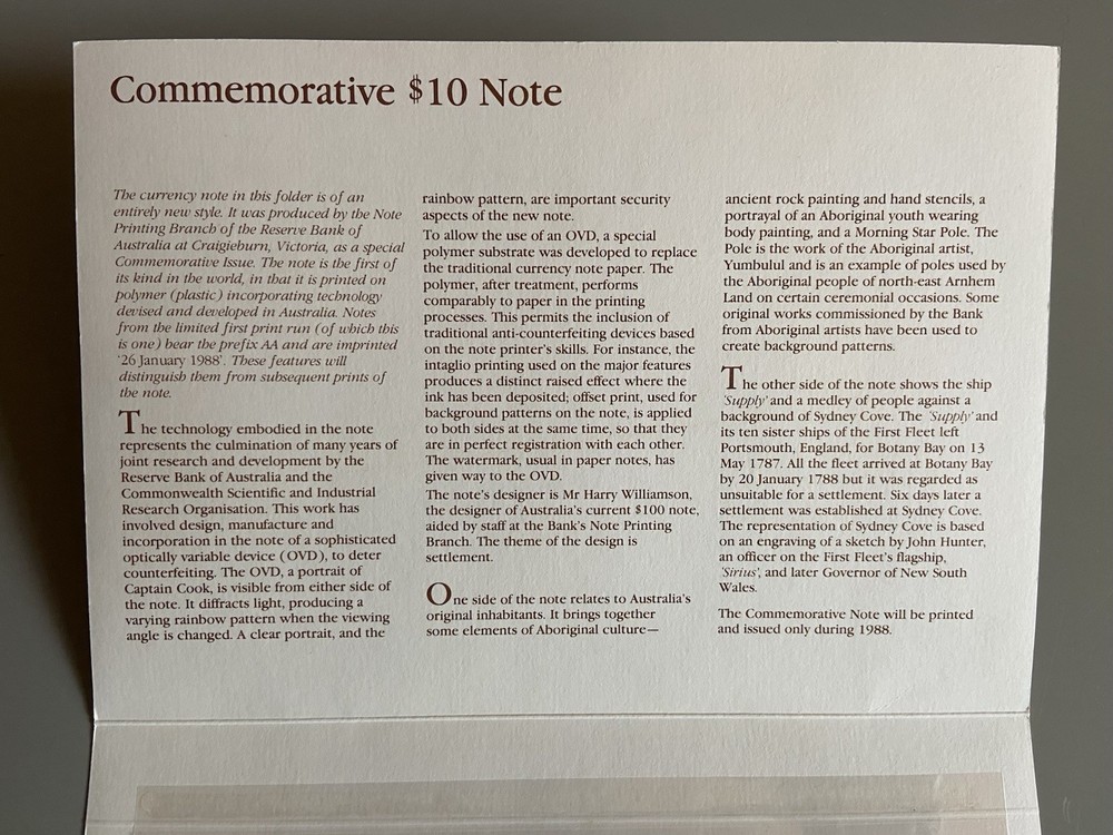 Australian Bicentennial 1988 Commemorative $10 Polymer Note w Low AA Serial Num.