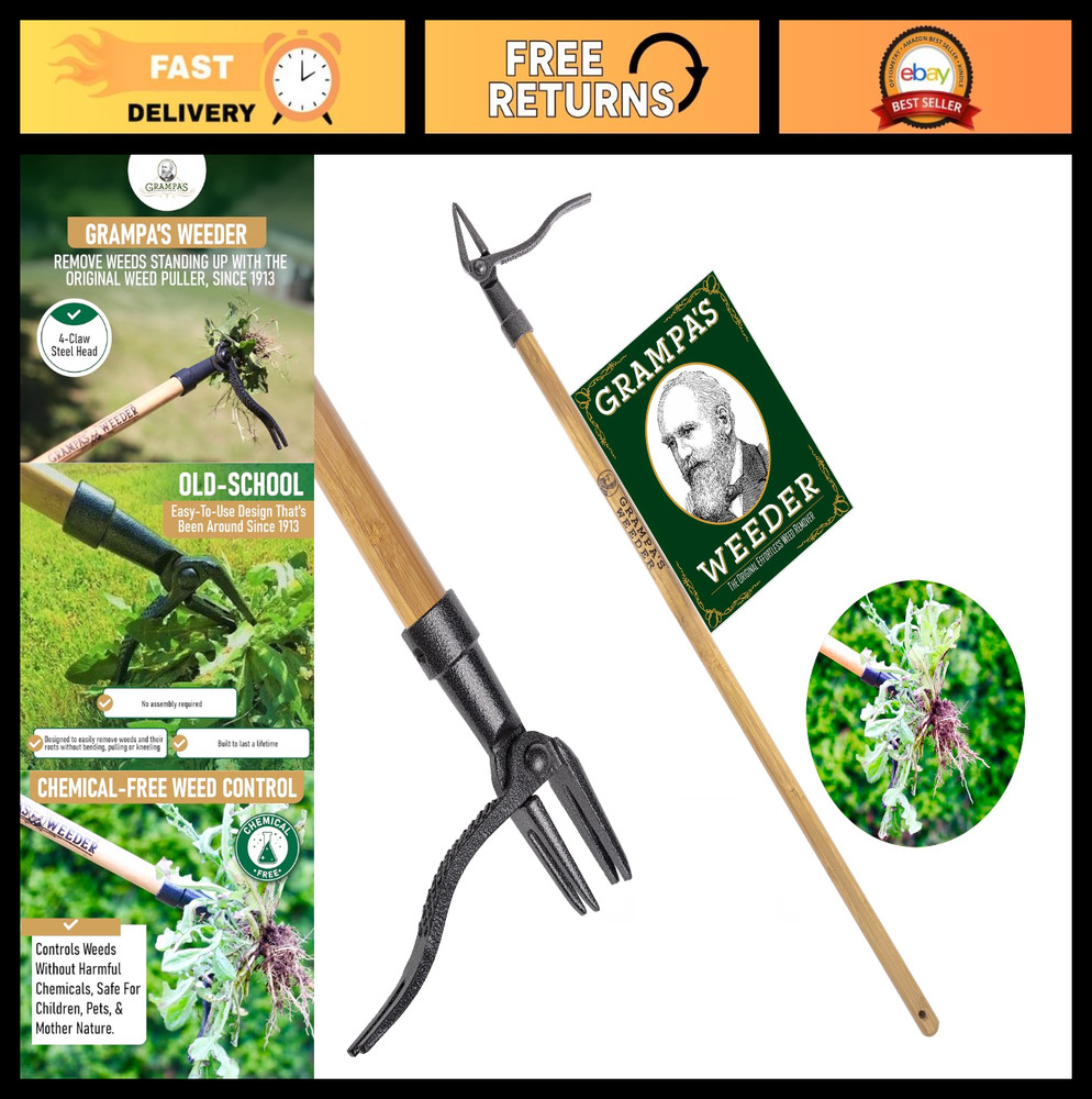 Stand Up Weed Puller Tool - Bamboo Long Handle 4-Claw Design for Easy Weeding