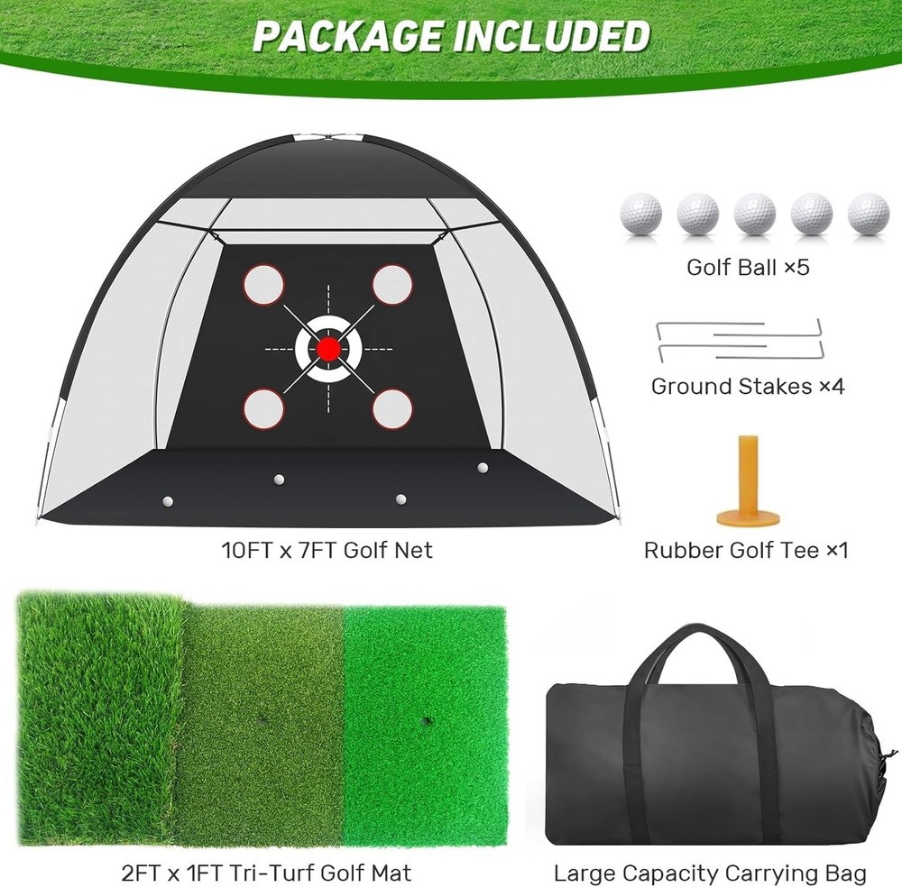 Golf Net 10x7FT W/ Golf Practice Mat Hitting Aid Nets Backyard Driving Chipping