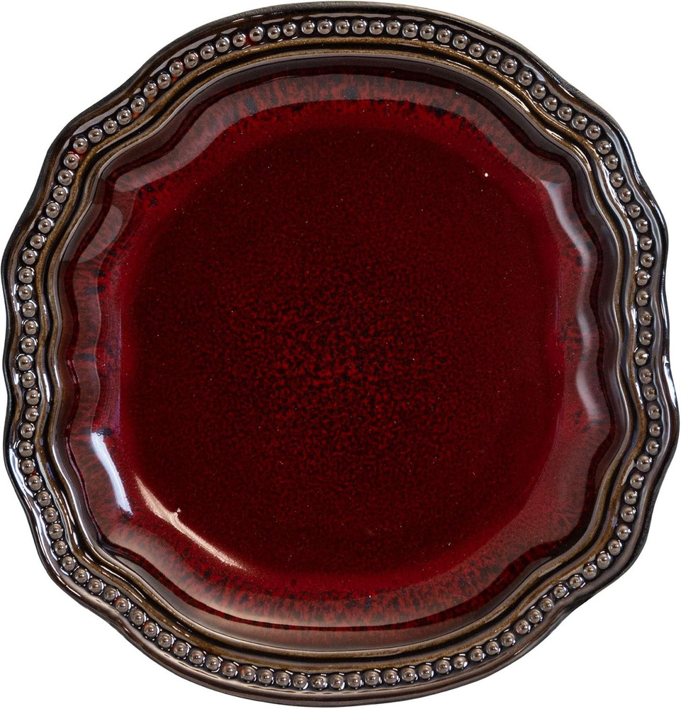round Oval Stoneware Fine Dining Dinnerware Dish Set, 16 Piece, Dark Red with Br