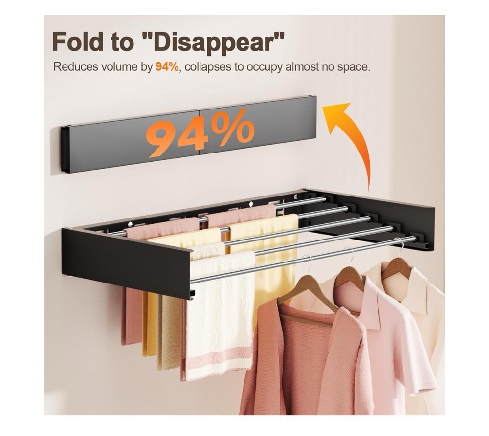 40” Wall Mounted Clothes Drying Rack Folding, Foldable Laundry Drying Rack