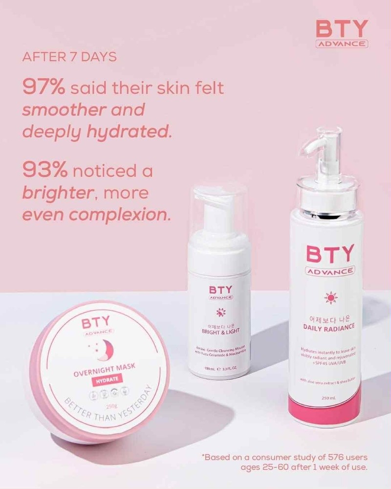 BTY Advance 3-Step Skincare Bundle Cleanse Hydrate Protect Mousse SPF Mask
