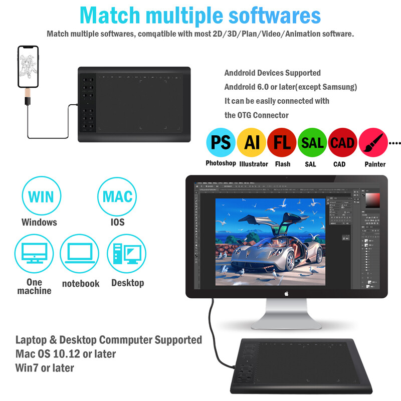 Graphics Drawing Tablet 10x6 inch Active Area 12 Hot Keys+Pen For PC/Mac/Android