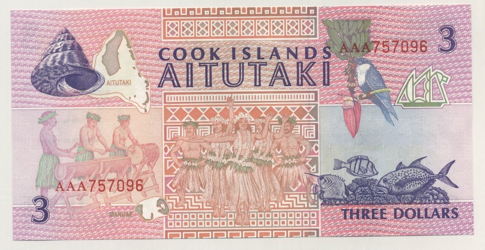 Cook Islands 3 Dollars ND 1992 Pick 7 UNC Uncirculated Banknote Serial AAA