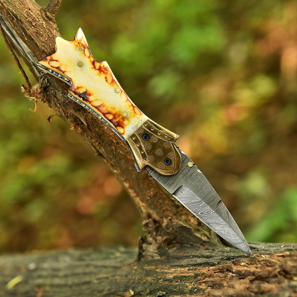 Damascus Folding Double edge Blade Pocket Knife - Dagger - Camel Bone Handle